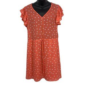 Maison Jules Dress Large Coral Polka Dot Shift V-Neck Ruffle Short Sleeve New